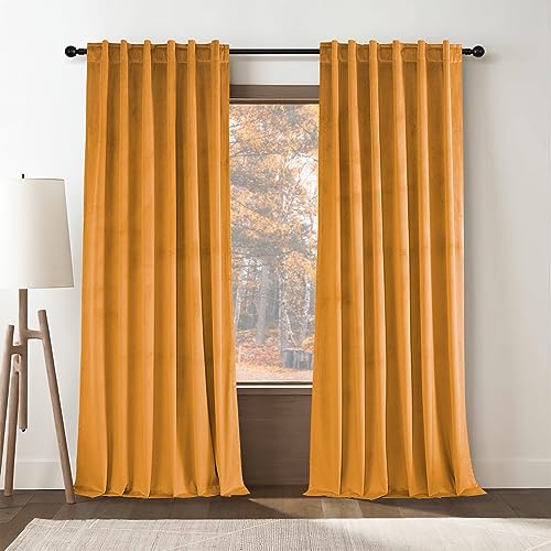 Topfinel Mustard Velvet Curtains 84 inches Long for Living Room, Rod Pocket Back Tab Thermal Insulated Blackout Drapes for Bedroom/Sliding Glass Door, 2 Panels, W52 x L84, Mustard Yellow