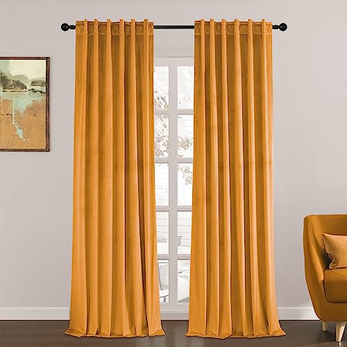 Topfinel Mustard Velvet Curtains 84 inches Long for Living Room, Rod Pocket Back Tab Thermal Insulated Blackout Drapes for Bedroom/Sliding Glass Door, 2 Panels, W52 x L84, Mustard Yellow