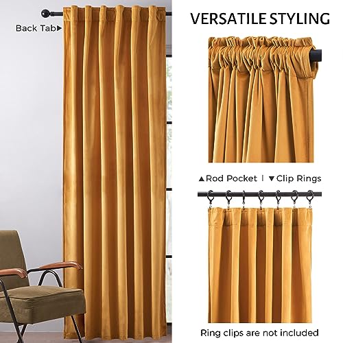 Topfinel Mustard Velvet Curtains 84 inches Long for Living Room, Rod Pocket Back Tab Thermal Insulated Blackout Drapes for Bedroom/Sliding Glass Door, 2 Panels, W52 x L84, Mustard Yellow