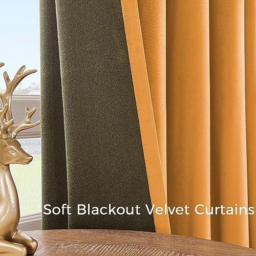 Topfinel Mustard Velvet Curtains 84 inches Long for Living Room, Rod Pocket Back Tab Thermal Insulated Blackout Drapes for Bedroom/Sliding Glass Door, 2 Panels, W52 x L84, Mustard Yellow