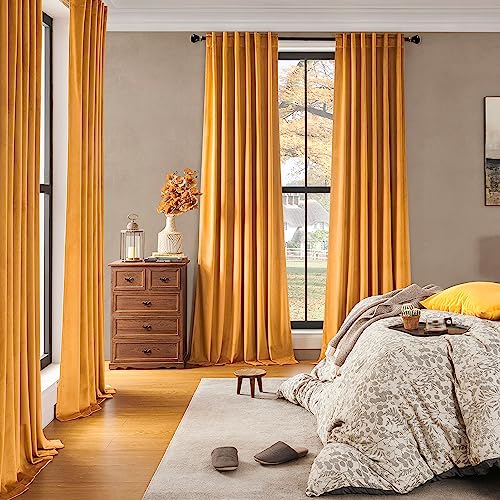 Topfinel Mustard Velvet Curtains 84 inches Long for Living Room, Rod Pocket Back Tab Thermal Insulated Blackout Drapes for Bedroom/Sliding Glass Door, 2 Panels, W52 x L84, Mustard Yellow