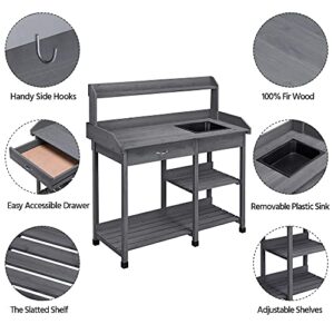 Topeakmart 45.2x17.7x47.6'' (LxWxH) Potting Benches Outdoor Garden Potting Table Work Bench with Removable Sink Drawer Rack Shelves Work Station, Gray