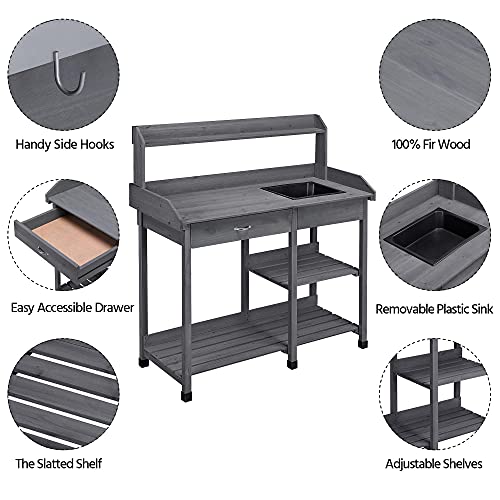 Topeakmart 45.2x17.7x47.6'' (LxWxH) Potting Benches Outdoor Garden Potting Table Work Bench with Removable Sink Drawer Rack Shelves Work Station, Gray