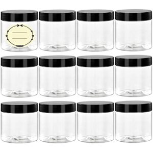 tuzazo 4 oz plastic container jars with lids and labels bpa free, empty round clear cosmetic containers plastic slime jars for lotion, cream, ointments, body butter, makeup, travel storage (12 pack)
