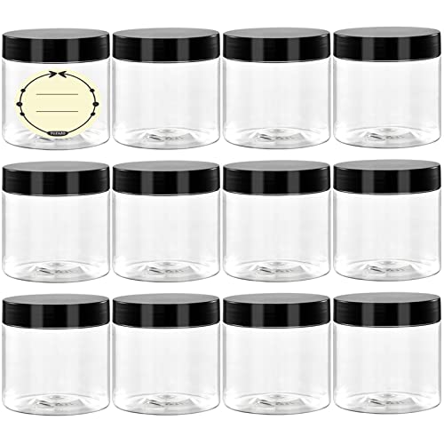 TUZAZO 4 Oz Plastic Container Jars with Lids and Labels BPA Free, Empty Round Clear Cosmetic Containers Plastic Slime Jars for Lotion, Cream, Ointments, Body Butter, Makeup, Travel Storage (12 Pack)