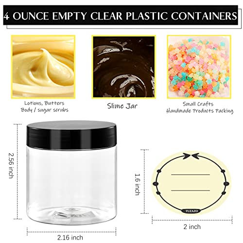 TUZAZO 4 Oz Plastic Container Jars with Lids and Labels BPA Free, Empty Round Clear Cosmetic Containers Plastic Slime Jars for Lotion, Cream, Ointments, Body Butter, Makeup, Travel Storage (12 Pack)