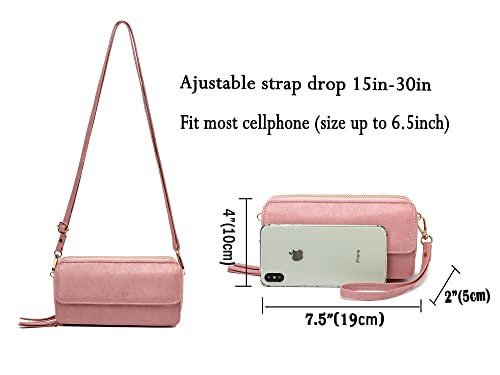 Women Crossbody Wallet RFID Blocking Cell Phone wristlet Purse with shoulder strap small cross body bag （Pink