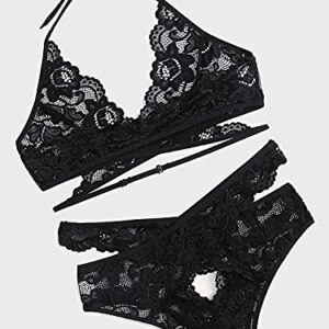 Donnalla Women Sexy Lingerie Set Two Piece Lace Bra and Panty Set Babydoll Sleepwear, Black, Large