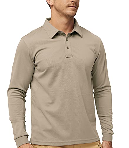 MIER Men's Outdoor Performance Tactical Polo Shirts Long and Short Sleeve, Moisture-Wicking, Khaki, Small