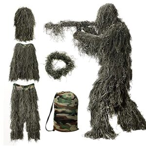 ghillie suit, 3d camouflage hunting apparel including jacket, pants, hood, carry bag, camo hunting clothes for men, hunters, military, sniper airsoft, paintball (medium or large, woodland)