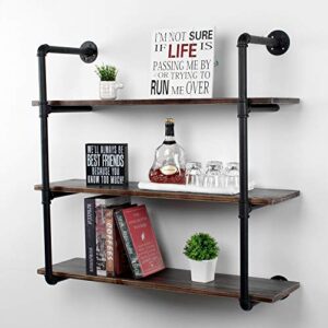 Weven 36" Industrial Pipe Bookshelf Wall Mounted,3 Tier Rustic Floating Shelves,Farmhouse Kitchen Bar Shelving,Home Decor Book Shelves,DIY Bookcase,Hanging Wall Shelves,Black