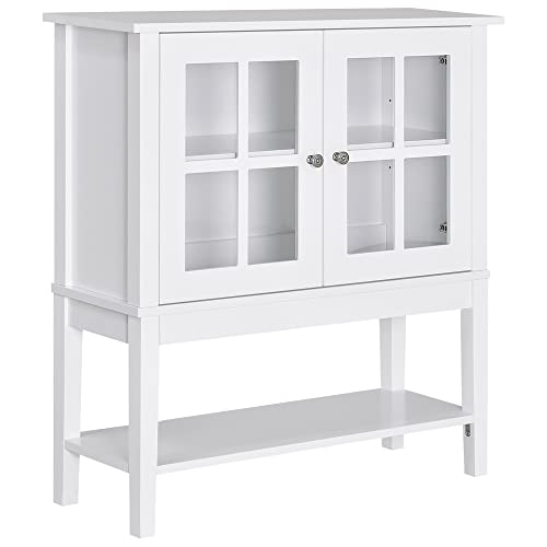 HOMCOM Coffee Bar Cabinet, Modern Sideboard Buffet Cabinet, Kitchen Cabinet with 2 Glass Doors, Adjustable Inner Shelving and Bottom Shelf, White