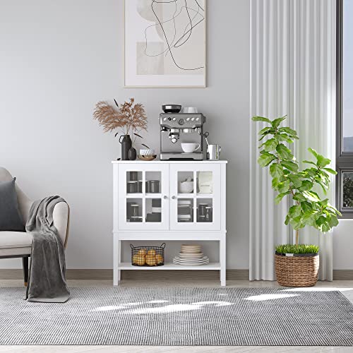 HOMCOM Coffee Bar Cabinet, Modern Sideboard Buffet Cabinet, Kitchen Cabinet with 2 Glass Doors, Adjustable Inner Shelving and Bottom Shelf, White