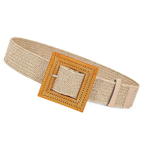 XZQTIVE Women Elastic Wide Belt - Fashion Summer Straw Imitate Woven Elastic Stretch Waist Band Boho Beach Dress Belts(5-Khaki, Fit waist size below 34 inch)