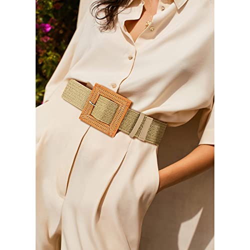 XZQTIVE Women Elastic Wide Belt - Fashion Summer Straw Imitate Woven Elastic Stretch Waist Band Boho Beach Dress Belts(5-Khaki, Fit waist size below 34 inch)