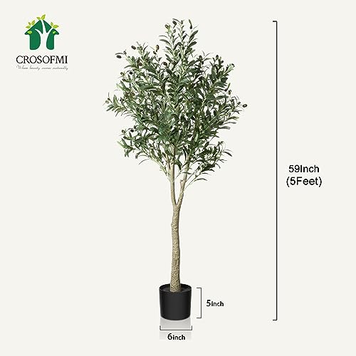 CROSOFMI Artificial Olive Tree Plant 5 Feet Fake Topiary Silk Tree, Perfect Faux Plants in Pot for Indoor Outdoor House Home Office Garden Modern Decoration Housewarming,1Pack