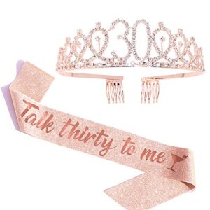 "talk thirty to me" sash & rhinestone tiara set - 30th birthday gifts rose gold glitter birthday sash for women birthday party favors
