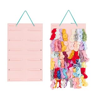 hanging baby girl headbands storage organizer, newborn headbands and bows holder(large 12 snap band,pink+green)