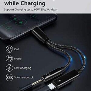 2 in 1 USB C to 3.5mm Headphone and Charger Adapter, USB C to AUX Mic Jack with PD 60W Fast Charging for Stereo, Earphones, Compatible with iPhone 15/15 Pro, Samsung Galaxy S23/S22, Google Pixel 7/6