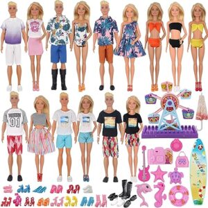 eutenghao 78pcs doll clothes and accessories for 11.5 inch girl doll and 12 inch boy doll includes 28 wear clothes shoes and lovers outfit sky wheel surfboard hat for summer style doll accessories