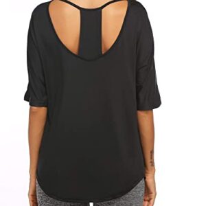 Pinspark Womens Breathable V Neck Cut Out Back Shirts Open Active Yoga Tops Black XL