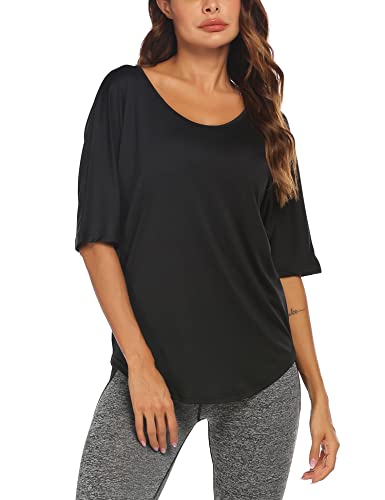 Pinspark Womens Breathable V Neck Cut Out Back Shirts Open Active Yoga Tops Black XL