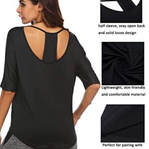 Pinspark Womens Breathable V Neck Cut Out Back Shirts Open Active Yoga Tops Black XL