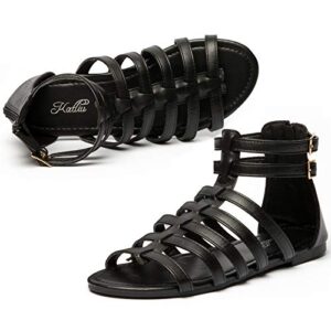 katliu womens gladiator sandals strap sandal two ankle buckle open toe summer flat zipper gladiator sandal black 6