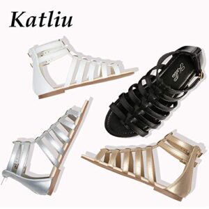katliu Womens Gladiator Sandals Strap Sandal Two Ankle Buckle Open Toe Summer Flat Zipper Gladiator Sandal Black 6
