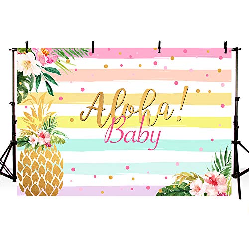 MEHOFOND Aloha Girl Baby Shower Backdrop Confetti Colorful Stripes Summer Tropical Hawaiian Luau Party Beach Seaside Pineapple Floral Background for Photography Photo Booth Banner 7x5ft