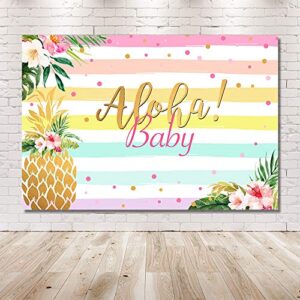 MEHOFOND Aloha Girl Baby Shower Backdrop Confetti Colorful Stripes Summer Tropical Hawaiian Luau Party Beach Seaside Pineapple Floral Background for Photography Photo Booth Banner 7x5ft