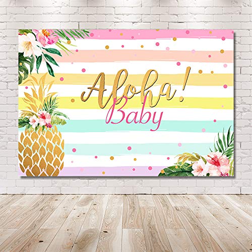 MEHOFOND Aloha Girl Baby Shower Backdrop Confetti Colorful Stripes Summer Tropical Hawaiian Luau Party Beach Seaside Pineapple Floral Background for Photography Photo Booth Banner 7x5ft