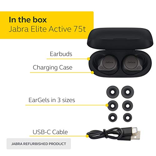 Jabra Elite Active 75t Titanium Black Voice Assistant Enabled True Wireless Sports Earbuds with Charging Case (Renewed)