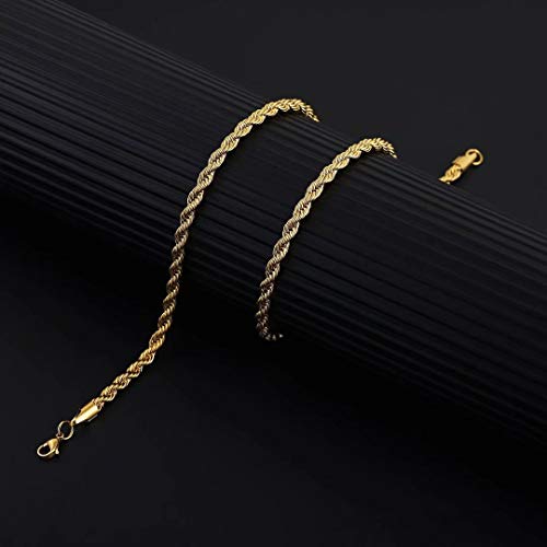 M MOOHAM Gold Chain for Men, 3mm 20 Inch Stainless Steel Gold Plated Twist Rope Chain Necklace for Men