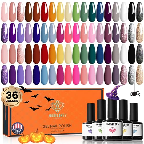 Modelones Gel Nail Polish Set, 36 Colors Gel Polish 7ml All Seasons Collection Nude Pink Red Blue Glitter Soak off Nail Lamp Nail Art Manicure Set DIY Salon Home Halloween Xmas Gift for Women Girls