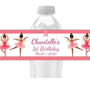 Personalized Ballerina Girls Party Water Bottle Labels, Pack of 25 Peel and Stick Waterproof Water Bottle Wrappers for Kids Birthday Favors