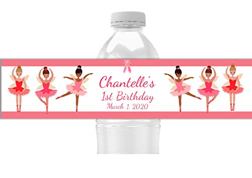 Personalized Ballerina Girls Party Water Bottle Labels, Pack of 25 Peel and Stick Waterproof Water Bottle Wrappers for Kids Birthday Favors