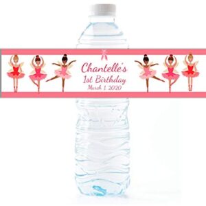 Personalized Ballerina Girls Party Water Bottle Labels, Pack of 25 Peel and Stick Waterproof Water Bottle Wrappers for Kids Birthday Favors