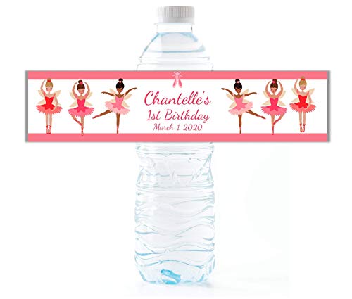 Personalized Ballerina Girls Party Water Bottle Labels, Pack of 25 Peel and Stick Waterproof Water Bottle Wrappers for Kids Birthday Favors