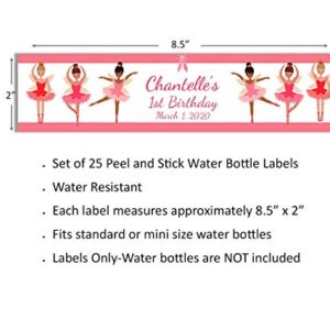 Personalized Ballerina Girls Party Water Bottle Labels, Pack of 25 Peel and Stick Waterproof Water Bottle Wrappers for Kids Birthday Favors