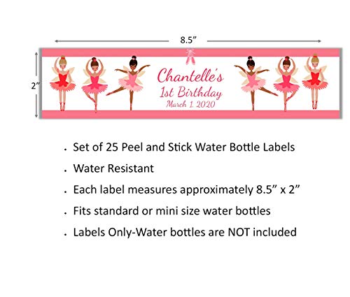 Personalized Ballerina Girls Party Water Bottle Labels, Pack of 25 Peel and Stick Waterproof Water Bottle Wrappers for Kids Birthday Favors