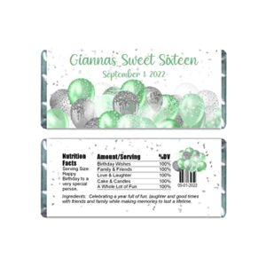 glitter balloons personalized candy bar wrappers for chocolate, birthday party favors, hershey bar labels, pack of 20, assorted colors (green)