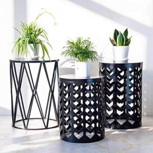 y&m set of 3 nesting metal round coffee table, side table end table for indoor outdoor multifunctional use,heavy duty metal plant stand decorative garden stool- black(ship from us)