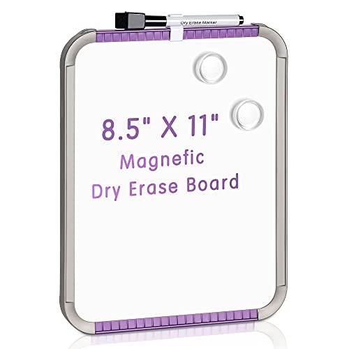 Deli Magnetic Dry Erase Board, 8.5 x 11 Inches, Small White Board with Markers & Magnets for Refrigerator, Locker, Kids, Students, Purple Frame