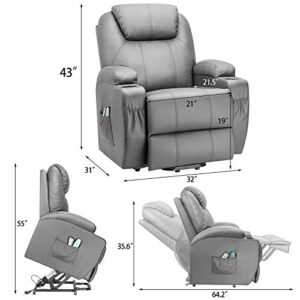 Flamaker Power Lift Recliner Chair PU Leather for Elderly with Massage and Heating Ergonomic Lounge Chair for Living Room Classic Single Sofa with 2 Cup Holders Side Pockets Home Theater Seat (Gray)