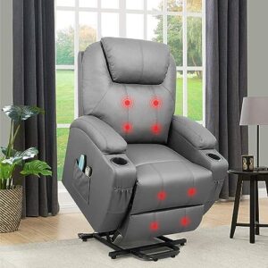 flamaker power lift recliner chair pu leather for elderly with massage and heating ergonomic lounge chair for living room classic single sofa with 2 cup holders side pockets home theater seat (gray)