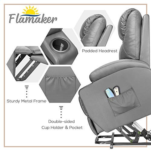 Flamaker Power Lift Recliner Chair PU Leather for Elderly with Massage and Heating Ergonomic Lounge Chair for Living Room Classic Single Sofa with 2 Cup Holders Side Pockets Home Theater Seat (Gray)