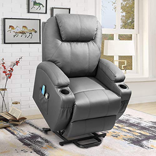 Flamaker Power Lift Recliner Chair PU Leather for Elderly with Massage and Heating Ergonomic Lounge Chair for Living Room Classic Single Sofa with 2 Cup Holders Side Pockets Home Theater Seat (Gray)