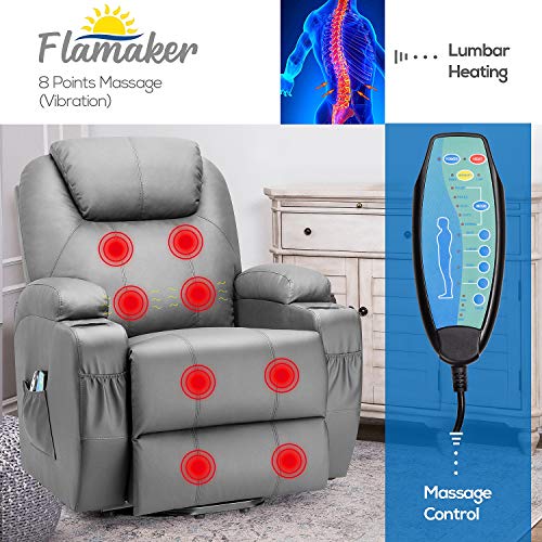 Flamaker Power Lift Recliner Chair PU Leather for Elderly with Massage and Heating Ergonomic Lounge Chair for Living Room Classic Single Sofa with 2 Cup Holders Side Pockets Home Theater Seat (Gray)