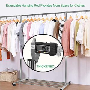 Heavy Duty Large Rolling Garment Rack Stainless Steel Clothes Hanging Rack Commercial Grade Clothes Drying Rack Hanger Extendable 47"-75" Adjustable Clothing Organizer w/Golves 4 Casters 10 Hook